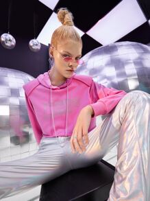 SHEIN EZwear 秋冬字母图案链条短款连帽衫 - 粉色 - 查看 4