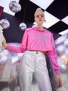 SHEIN EZwear 秋冬字母图案链条短款连帽衫 - 粉色 - 查看 6