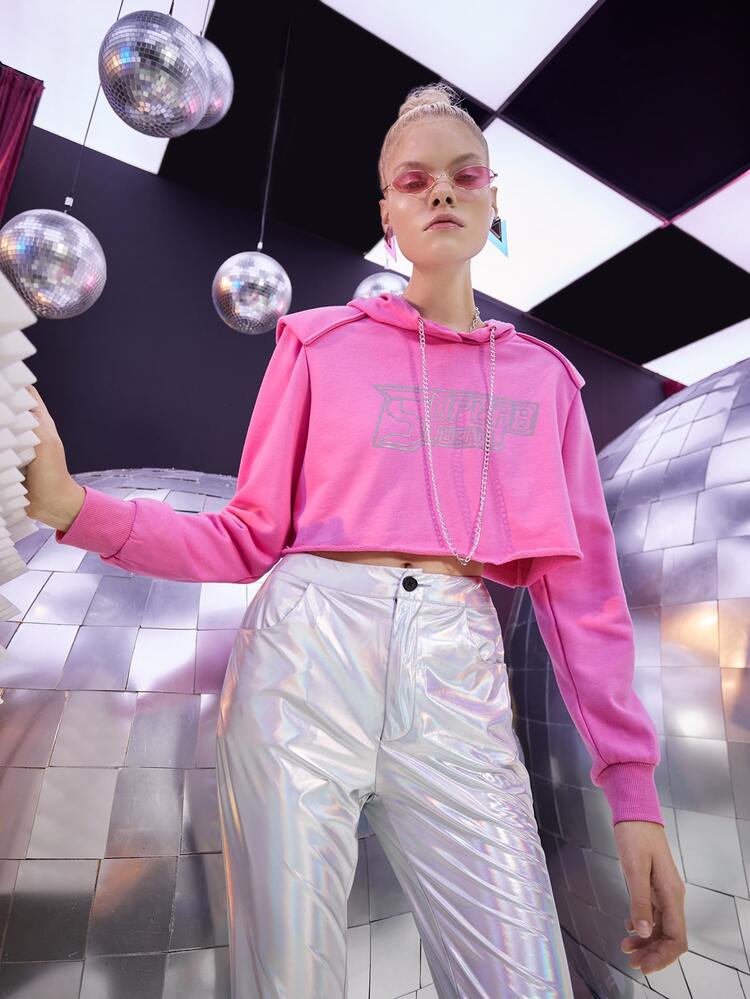 SHEIN EZwear 秋冬字母图案链条短款连帽衫 - 粉色 - 查看 6