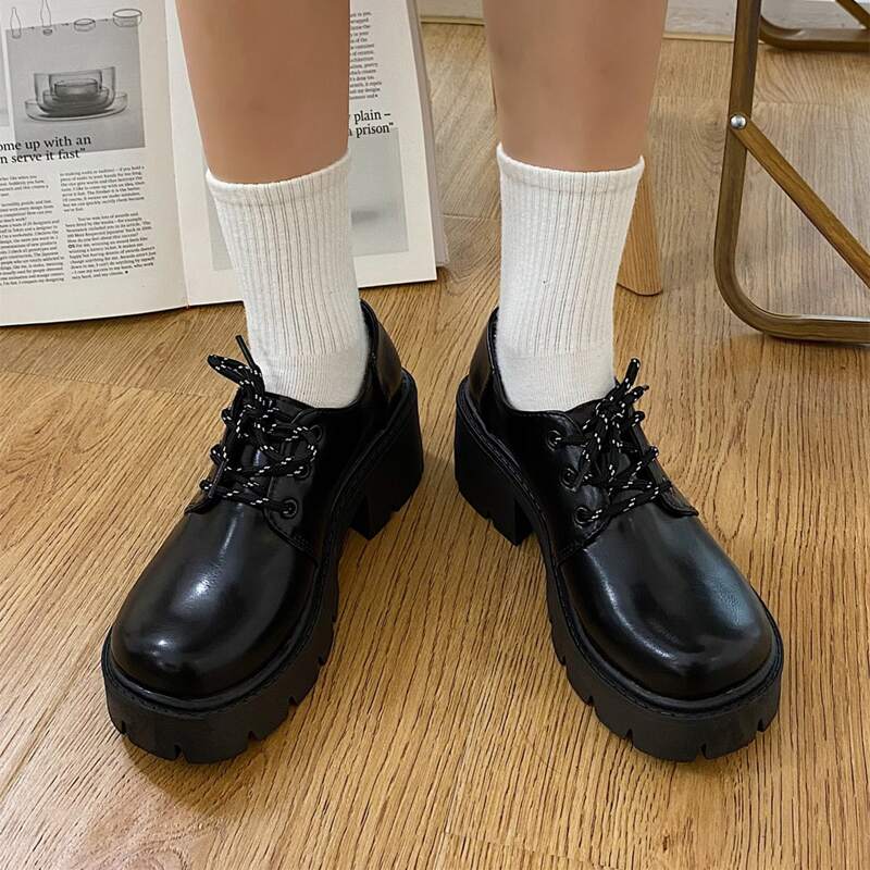 

Lace-up Front Flatform Oxford Shoes, Black