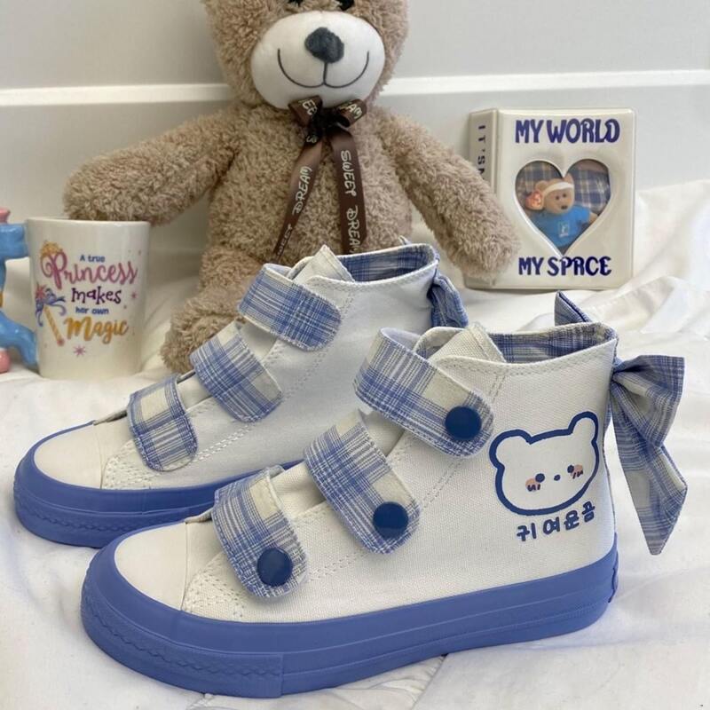 

High-top Bow Decor Cartoon Print Canvas Shoes, Blue