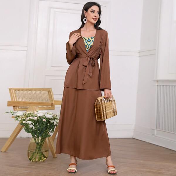 

Solid Belted Coat & A-line Skirt, Coffee brown