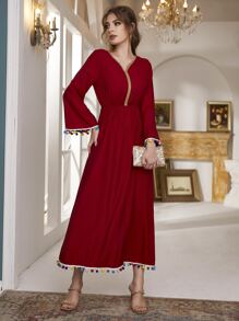 Al Najma Pompom Trim Contrast Tape Dress - Red - View 1