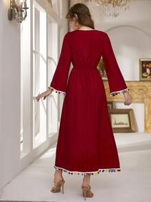 Al Najma Pompom Trim Contrast Tape Dress - Red - View 2