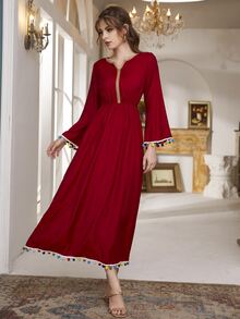 Al Najma Pompom Trim Contrast Tape Dress - Red - View 3