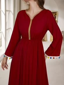 Al Najma Pompom Trim Contrast Tape Dress - Red - View 4