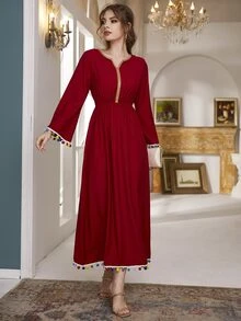 Al Najma Pompom Trim Contrast Tape Dress - Red - View 5