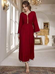 Al Najma Pompom Trim Contrast Tape Dress - Red - View 6