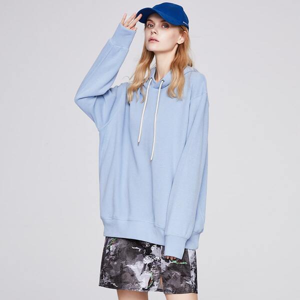 

Drawstring Front Drop Shoulder Hoodie, Baby blue