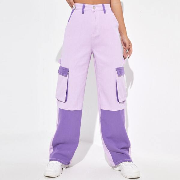 

High Waist Colorblock Cargo Jeans, Multicolor