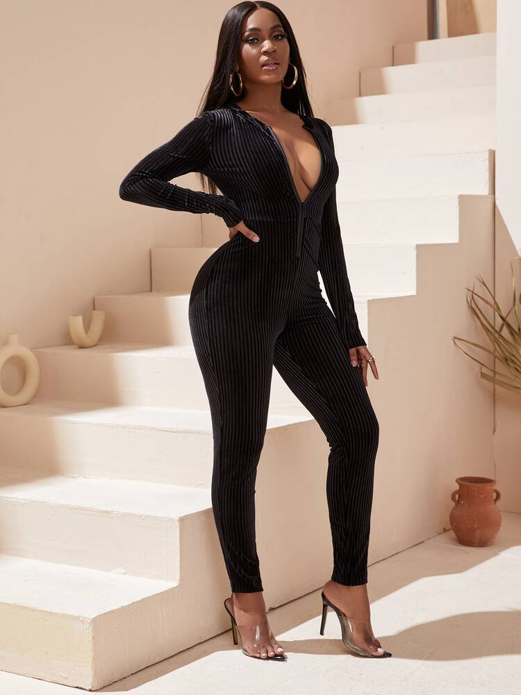 SHEIN SXY Ribbed Knit Zipper Velvet Unitard Jumpsuit - Black - View 5