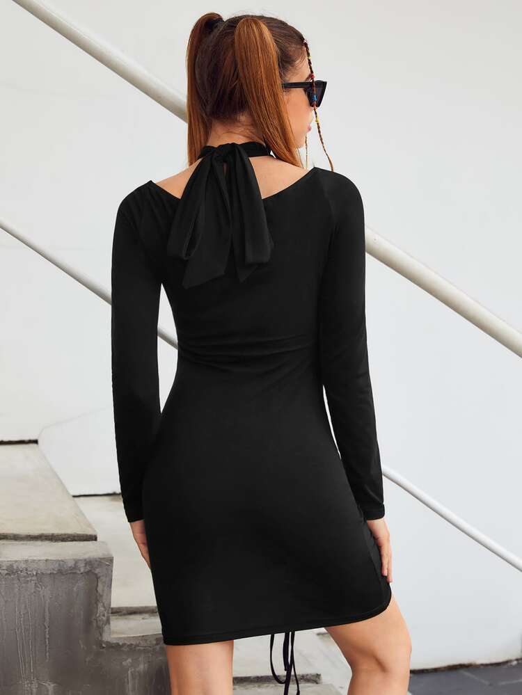 Halterneck Crisscross Front Cut Out Drawstring Ruched Front Bodycon Dress