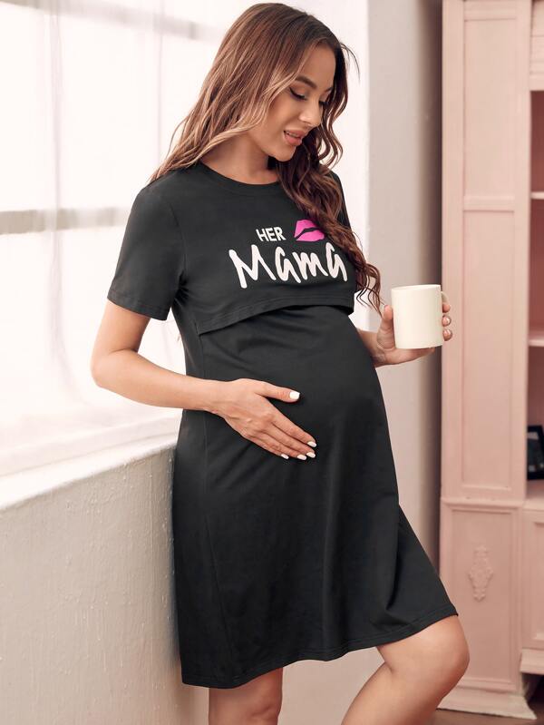 SHEIN Umstandsmode Lippen- & Buchstabengrafik Lounge Kleid für Mutter