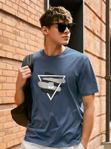 Hombres Camiseta con estampado de slogan y dibujo - Azul Marino - Ver 2