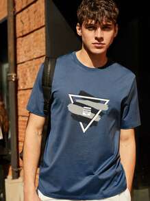 Hombres Camiseta con estampado de slogan y dibujo - Azul Marino - Ver 5