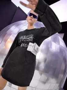 ROMWE PUNK Letter Graphic Round Neck Dress - Black - View 1