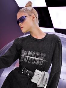 ROMWE PUNK Letter Graphic Round Neck Dress - Black - View 3