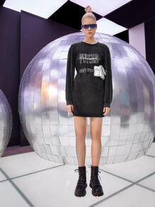 ROMWE PUNK Letter Graphic Round Neck Dress - Black - View 4