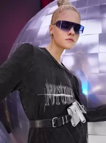 ROMWE PUNK Letter Graphic Round Neck Dress - Black - View 5