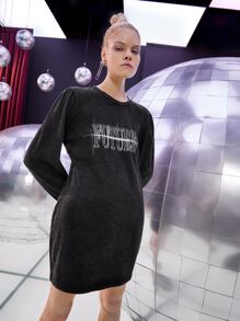 ROMWE PUNK Letter Graphic Round Neck Dress - Black - View 6