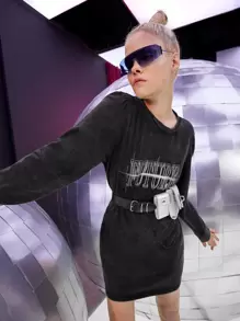 ROMWE PUNK Letter Graphic Round Neck Dress - Black - View 7