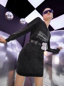 ROMWE PUNK Letter Graphic Round Neck Dress - Black - View 8