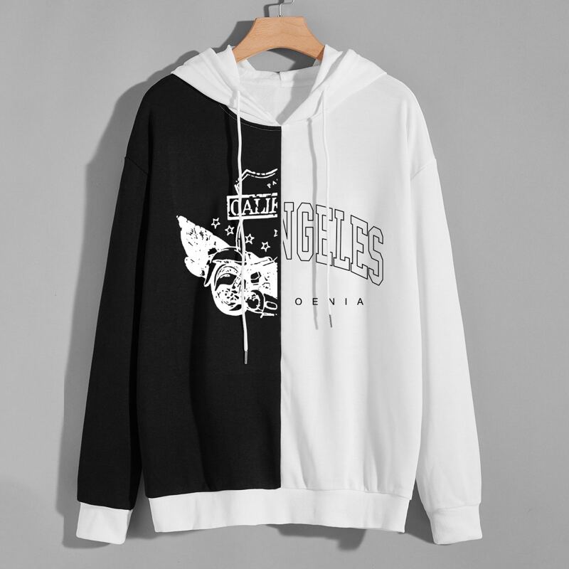 

Guys Letter Colorblock Graphic Drawstring Hoodie, Black and white