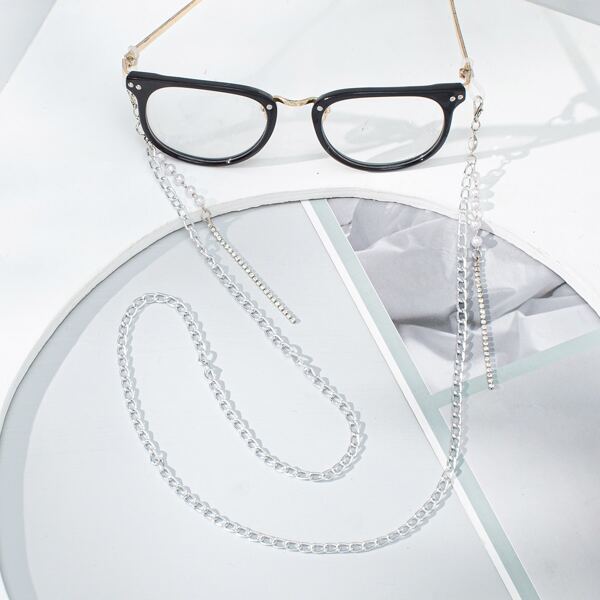 

Rhinestone & Faux Pearl Decor Glasses Chain, Silver