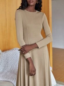 SHEIN Unity 素色圓領長洋裝 - 卡其色 - 查看 3