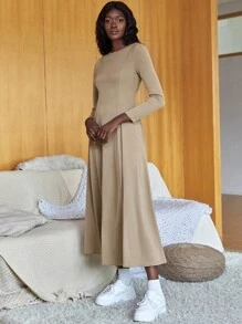 SHEIN Unity 素色圓領長洋裝 - 卡其色 - 查看 4