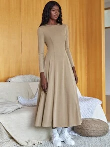 SHEIN Unity 素色圓領長洋裝 - 卡其色 - 查看 5