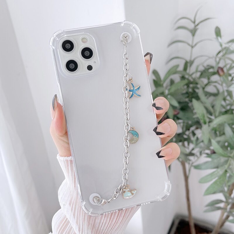 

Clear Phone Case With Moon Decor Hand Strap, White
