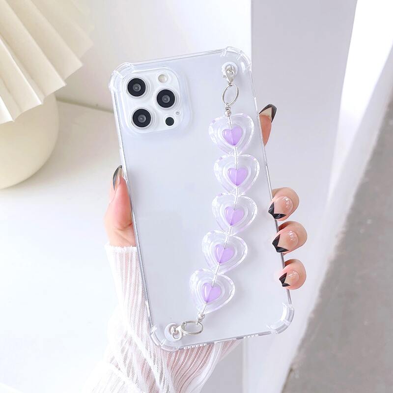 

Transparent Phone Case With Heart Decor Hand Strap, Clear