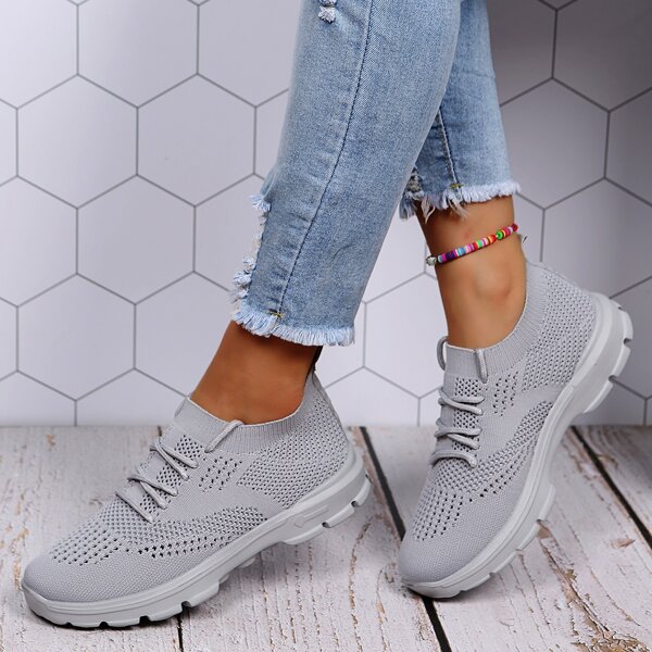 

Minimalist Lace Up Decor Knit Running Shoes, Grey