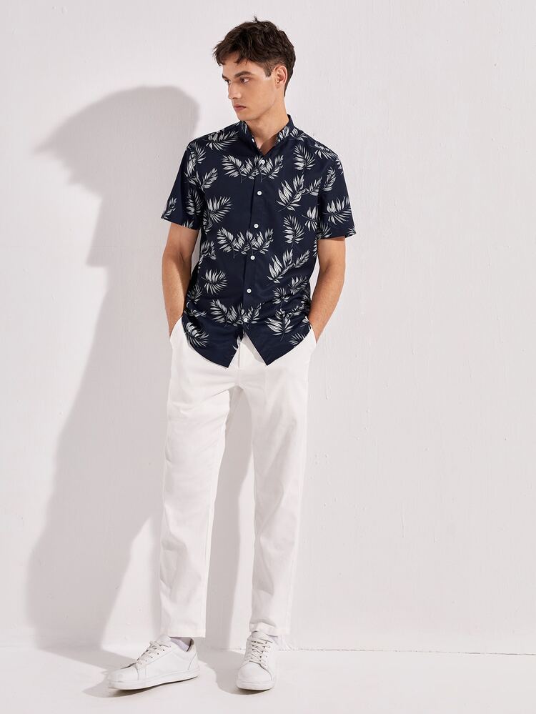 GENTILAND Hombres Camisa con estampado tropical - Negro - Añade 5