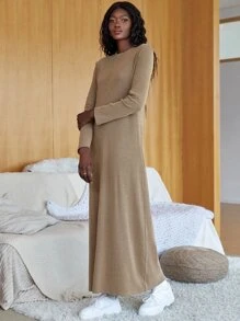 Ribbed Knit Maxi Dress - Khaki - View 1