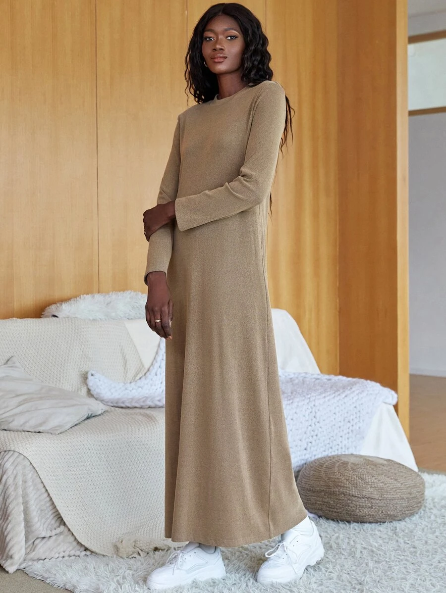 Ribbed Knit Maxi Dress - Khaki - View 1