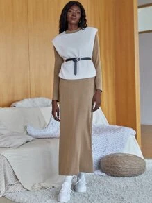 Ribbed Knit Maxi Dress - Khaki - View 2