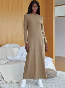 Ribbed Knit Maxi Dress - Khaki - View 3