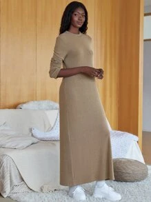 Ribbed Knit Maxi Dress - Khaki - View 5