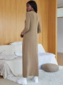 Ribbed Knit Maxi Dress - Khaki - View 6