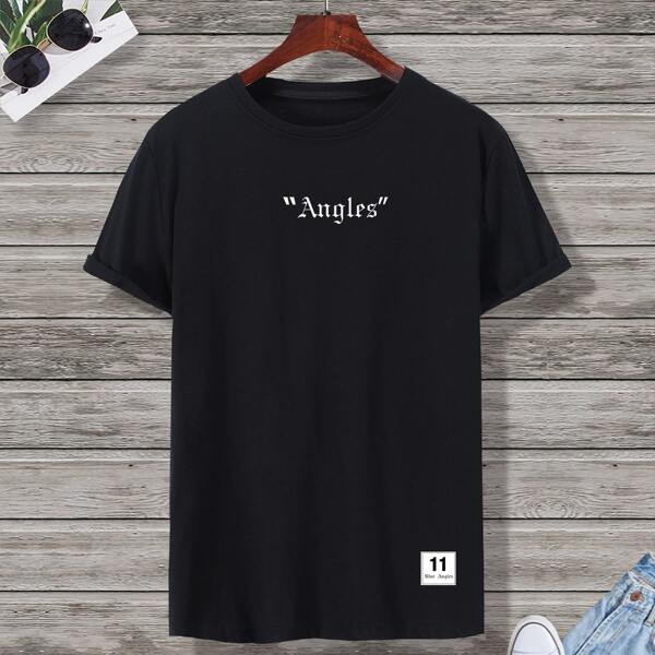 

Men Letter Print Round Neck Tee, Black