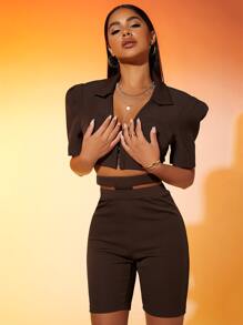 SHEIN Unity 1pc Puff Sleeve Hook And Eye Front Jacket - Chocolate Brown - View 4