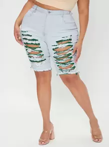 SHEIN 大碼高腰破洞百慕大牛仔短褲 - 淺色水洗藍 - 查看 1
