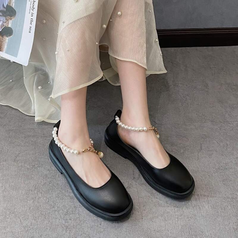 

Faux Pearl Strap Mary Janes, Black