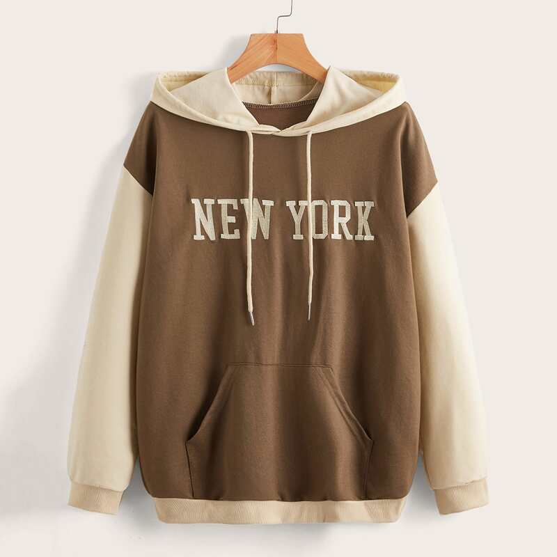

Letter Colorblock Kangaroo Pocket Drawstring Hoodie, Multicolor