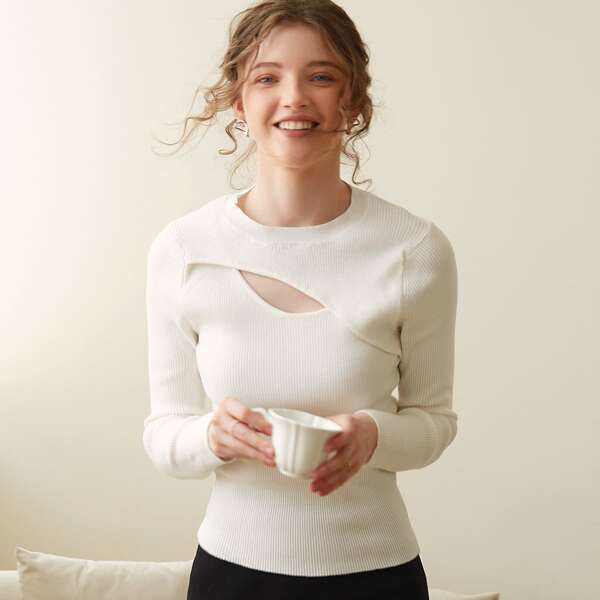 

Solid Cut-out Ribbed Knit Sweater, White
