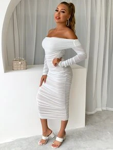 Joyfunear 露肩抽褶網紗包臀連衣裙 - 白色 - 查看 5