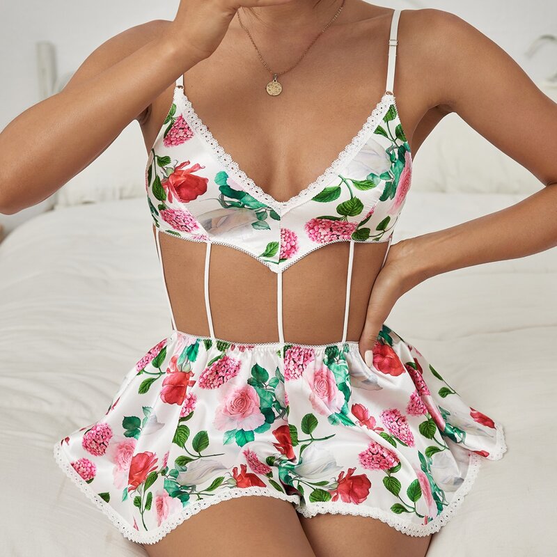 

Floral Print Cut-out Satin Romper Bodysuit, Multicolor