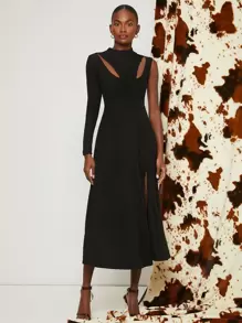 Cut Out Front Split Thigh Dress - Black - View 5